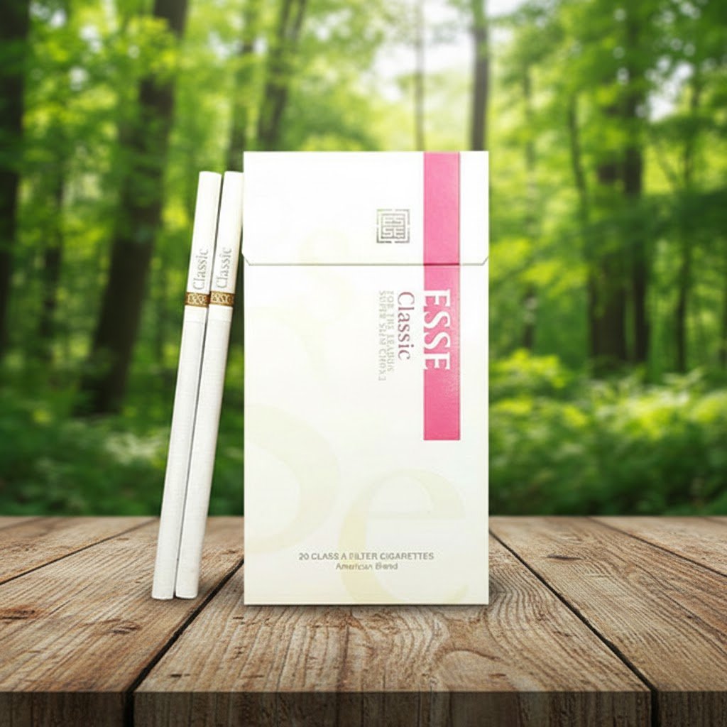 ซองบุหรี่ ESSE Classic สีขาวมวนสลิม วางบนโต๊ะไม้ฉากหลังเป็นป่าธรรมชาติ