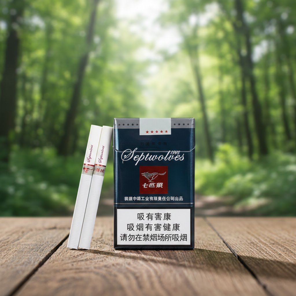 ซองบุหรี่ Septwolves และมวนบุหรี่วางบนโต๊ะไม้ในบรรยากาศสวนป่าธรรมชาติ