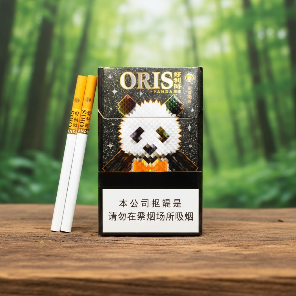 ซองบุหรี่ Oris Panda ลายแพนด้า ดีไซน์สีดำเงาพร้อมมวนบุหรี่นาโนสลิม วางบนโต๊ะไม้ ฉากหลังเป็นป่าสีเขียว