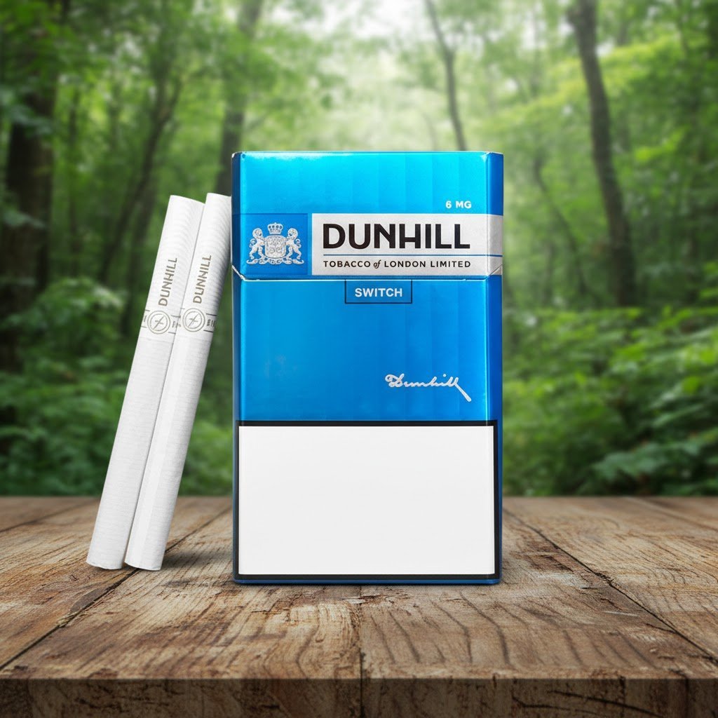 ซองบุหรี่ Dunhill Blue 6mg สีฟ้า พร้อมมวนบุหรี่ วางบนโต๊ะไม้ท่ามกลางบรรยากาศป่าธรรมชาติ