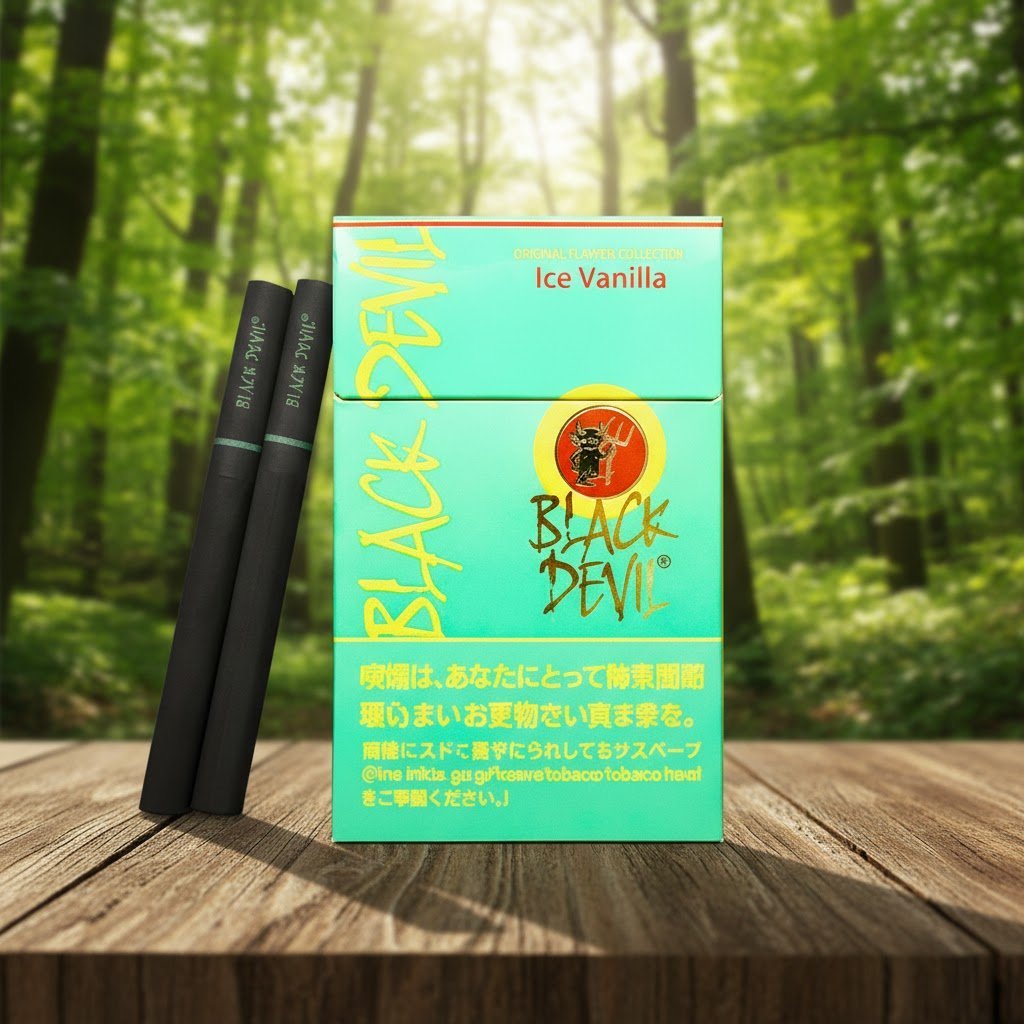 บุหรี่ Black Devil Ice Vanilla กล่องสีเขียวมิ้นท์ พร้อมมวนสีดำอันเป็นเอกลักษณ์