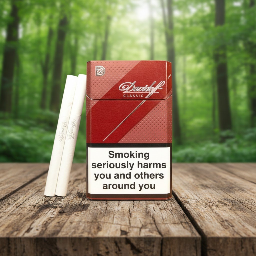 บุหรี่ Davidoff Classic ซองสีแดงเข้มดีไซน์หรูหราวางคู่กับมวนบุหรี่บนโต๊ะไม้ ฉากหลังป่าไม้สีเขียว