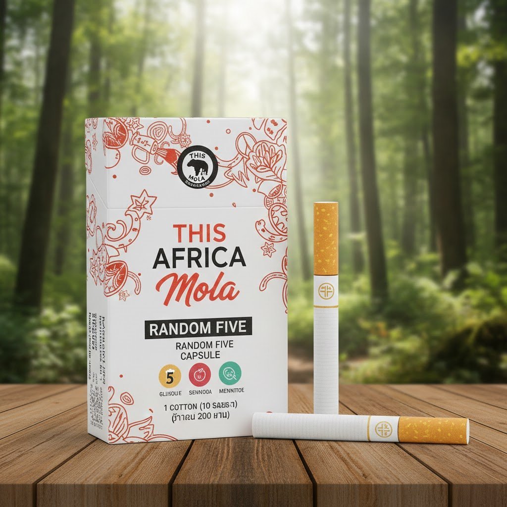 บุหรี่ THIS Africa Mola Random Five ซองสีขาวลายกราฟิกรูปสัตว์และผลไม้ วางคู่กับมวนบุหรี่ก้นกรองสีส้มบนโต๊ะไม้ ฉากหลังป่า