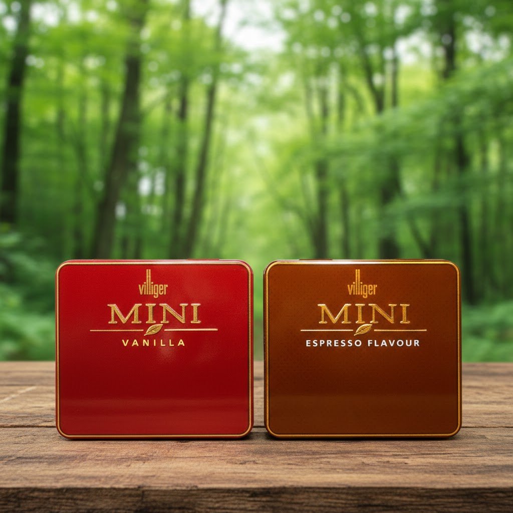 ตลับโลหะซิการ์ Villiger Mini สีแดงกลิ่นวนิลา และสีน้ำตาลกลิ่นเอสเปรสโซ่ วางคู่กันบนโต๊ะไม้ ฉากหลังป่าไม้