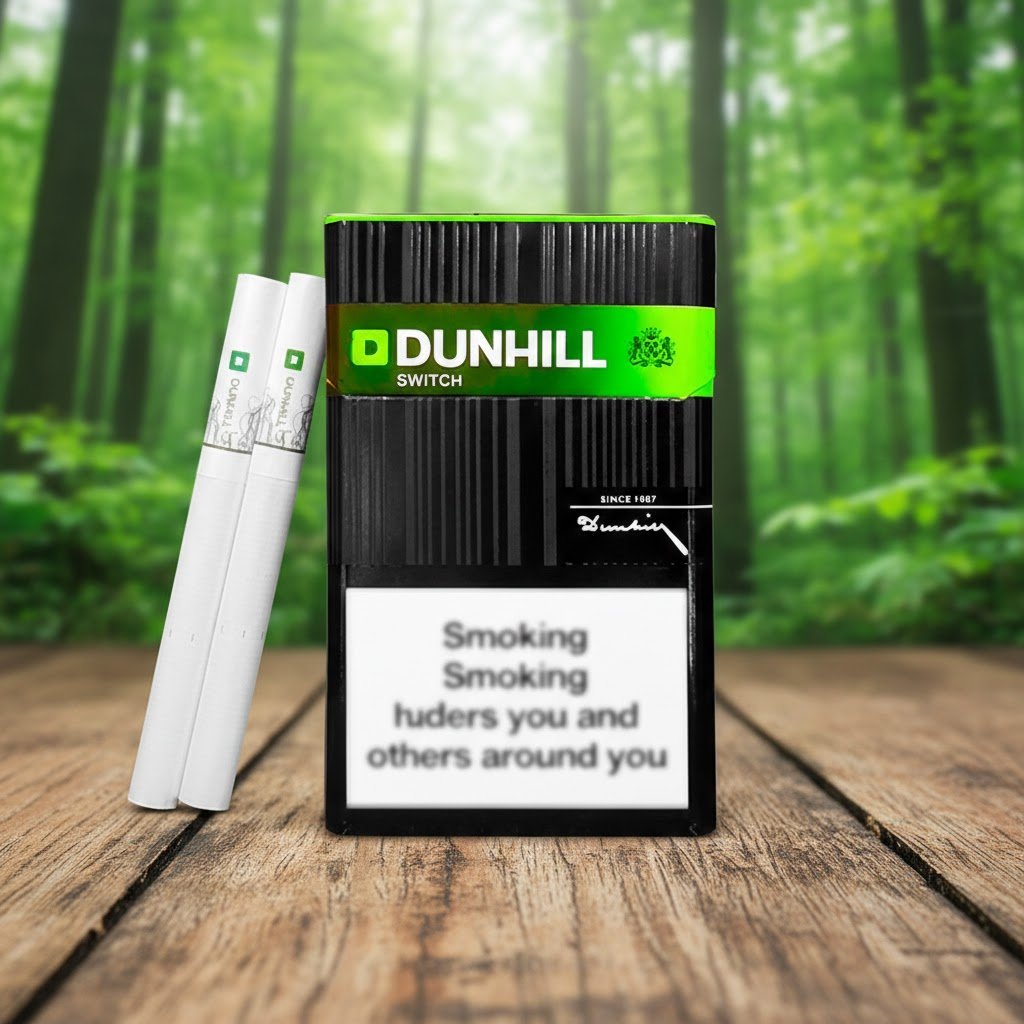บุหรี่ Dunhill Switch Black ซองสีดำแถบเขียว วางคู่กับมวนบุหรี่ก้นกรองชาโคลบนพื้นไม้ ฉากหลังเป็นป่าไม้
