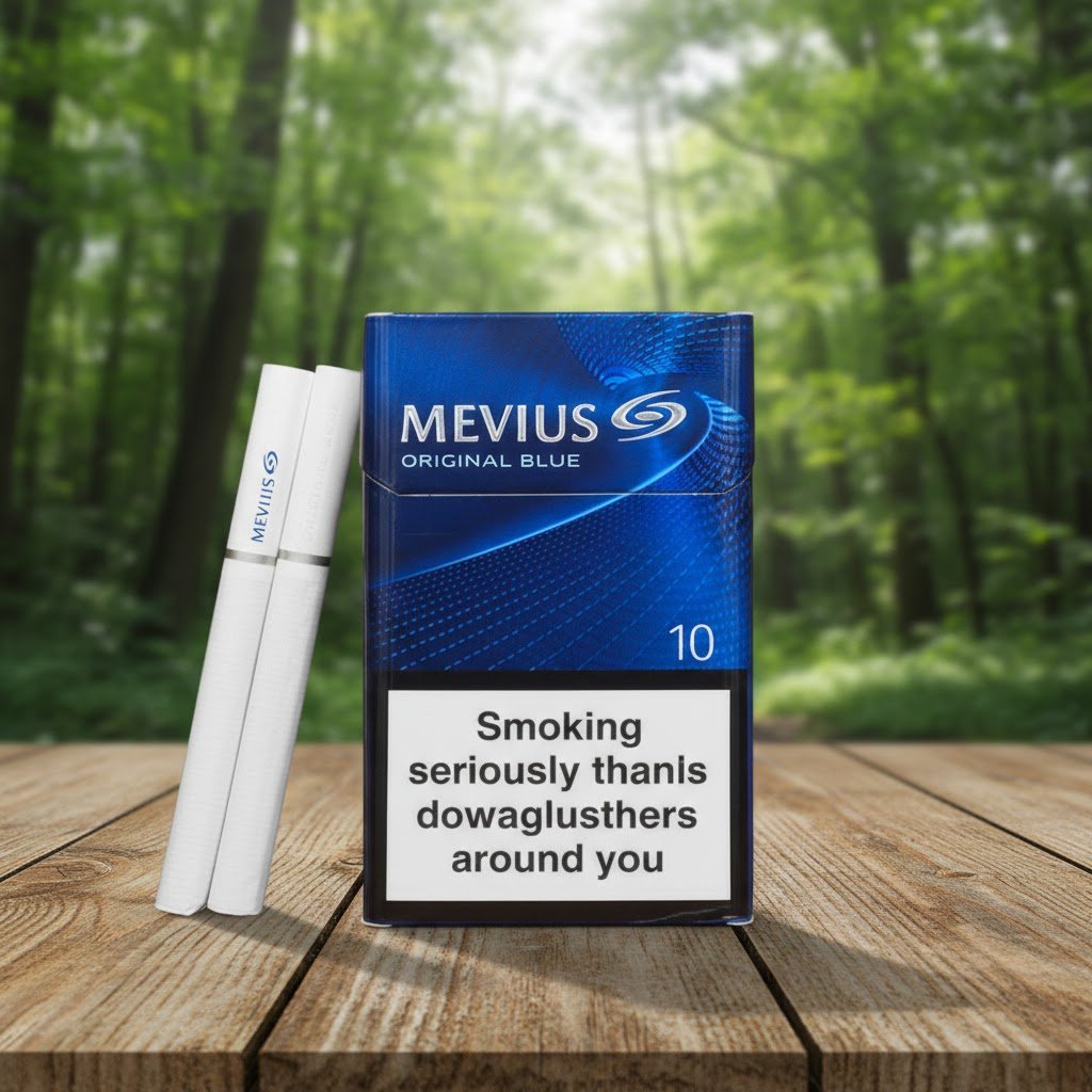 บุหรี่ Mevius Original Blue ซองสีน้ำเงินเข้มวางคู่กับมวนบุหรี่บนโต๊ะไม้ พื้นหลังป่าธรรมชาติ