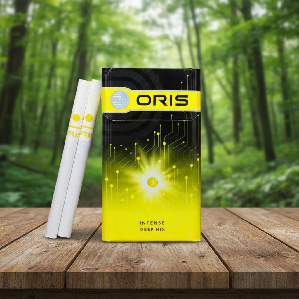 บุหรี่ Oris Intense Deep Mix ซองสีดำเหลืองดีไซน์ล้ำสมัย วางคู่กับมวนบุหรี่บนโต๊ะไม้ ฉากหลังเป็นป่าเขียวขจี