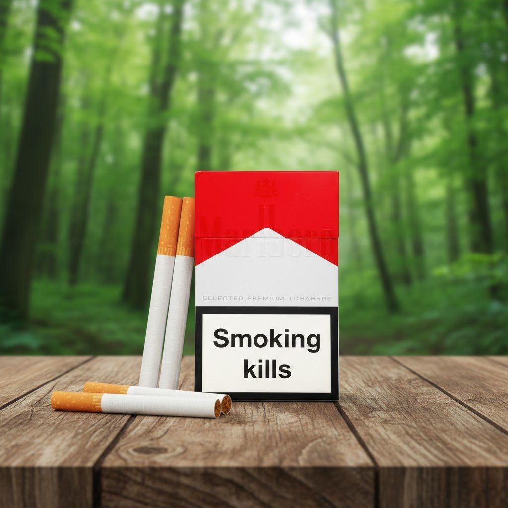 กล่องบุหรี่ Marlboro Red สีแดงขาวที่เป็นเอกลักษณ์ วางบนโต๊ะไม้ฉากหลังป่าไม้ธรรมชาติสว่างไสว